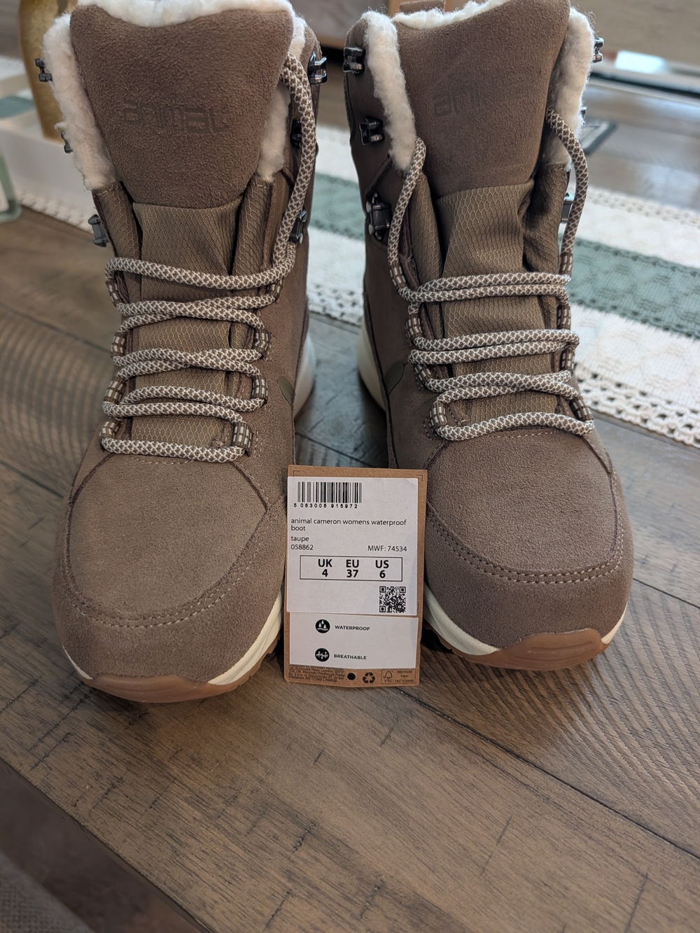 Animal Taupe Waterproof Women's Hikung Lace-Up Boots with Faux Fur Collar
